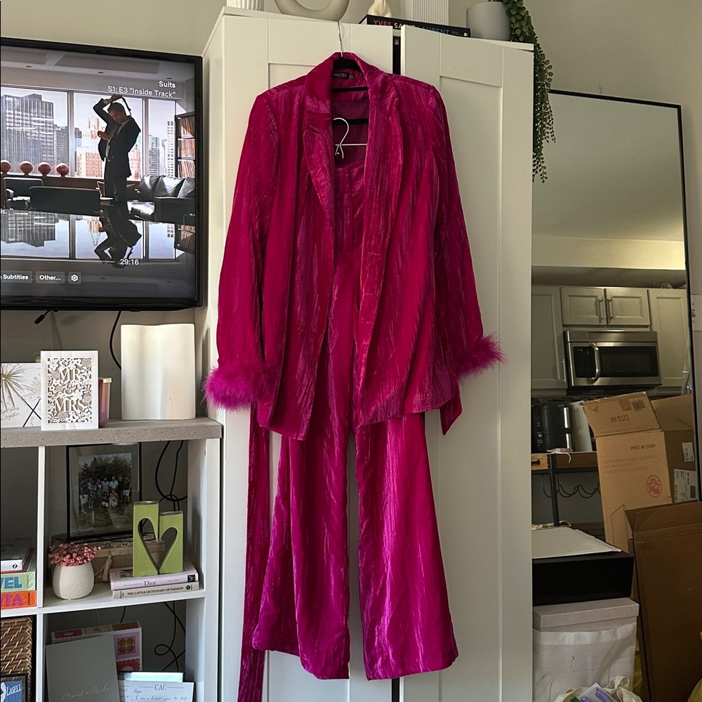 Pink Velvet Suit Set with Feather Cuffs